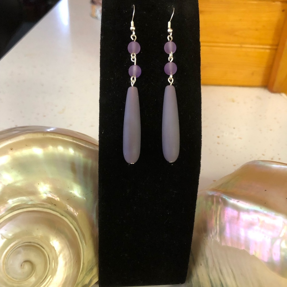 Handmade Sterling Silver 925 - Opaque Dark Purple Cultured Sea Glass Earrings